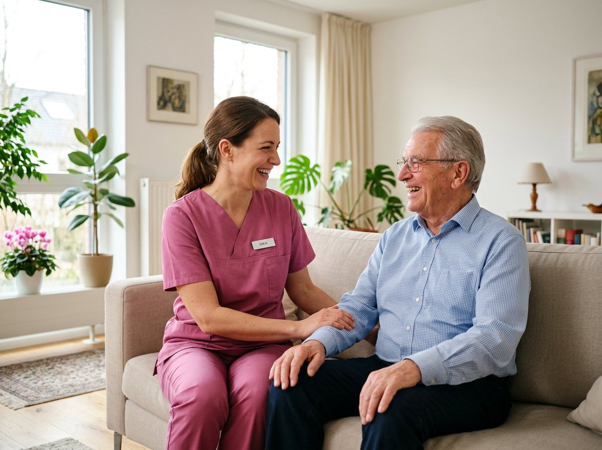 Pflegefachkraft im Gespräch mit einem Senior auf dem Sofa