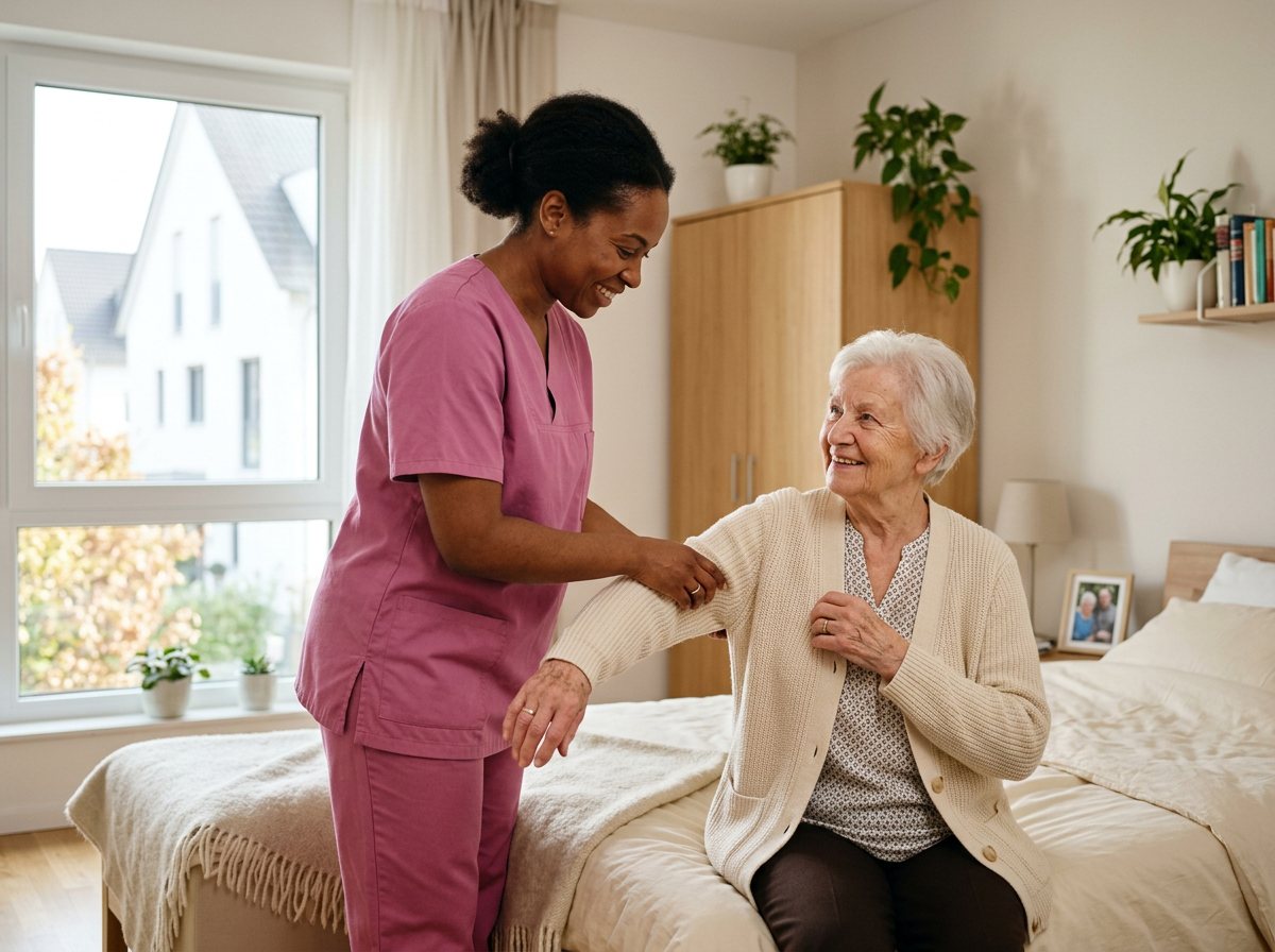 Pflegekraft hilft einer Seniorin beim Anziehen einer Strickjacke