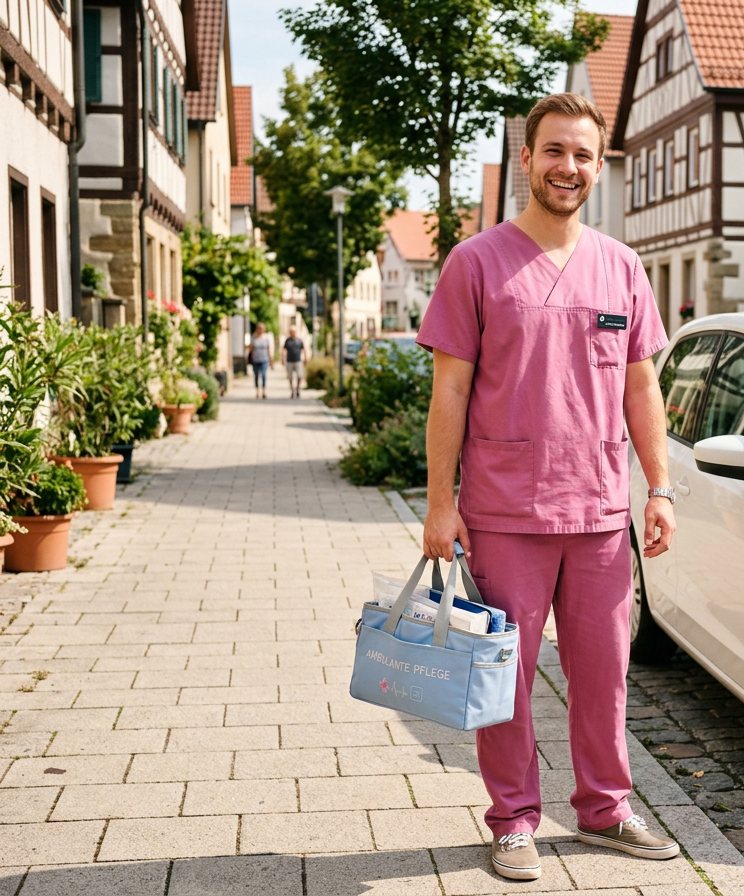 Pflegefachkraft mit Pflegetasche auf dem Weg zum nächsten Einsatz