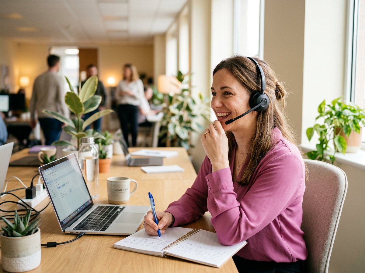 Mitarbeiterin telefoniert mit Headset im Büro