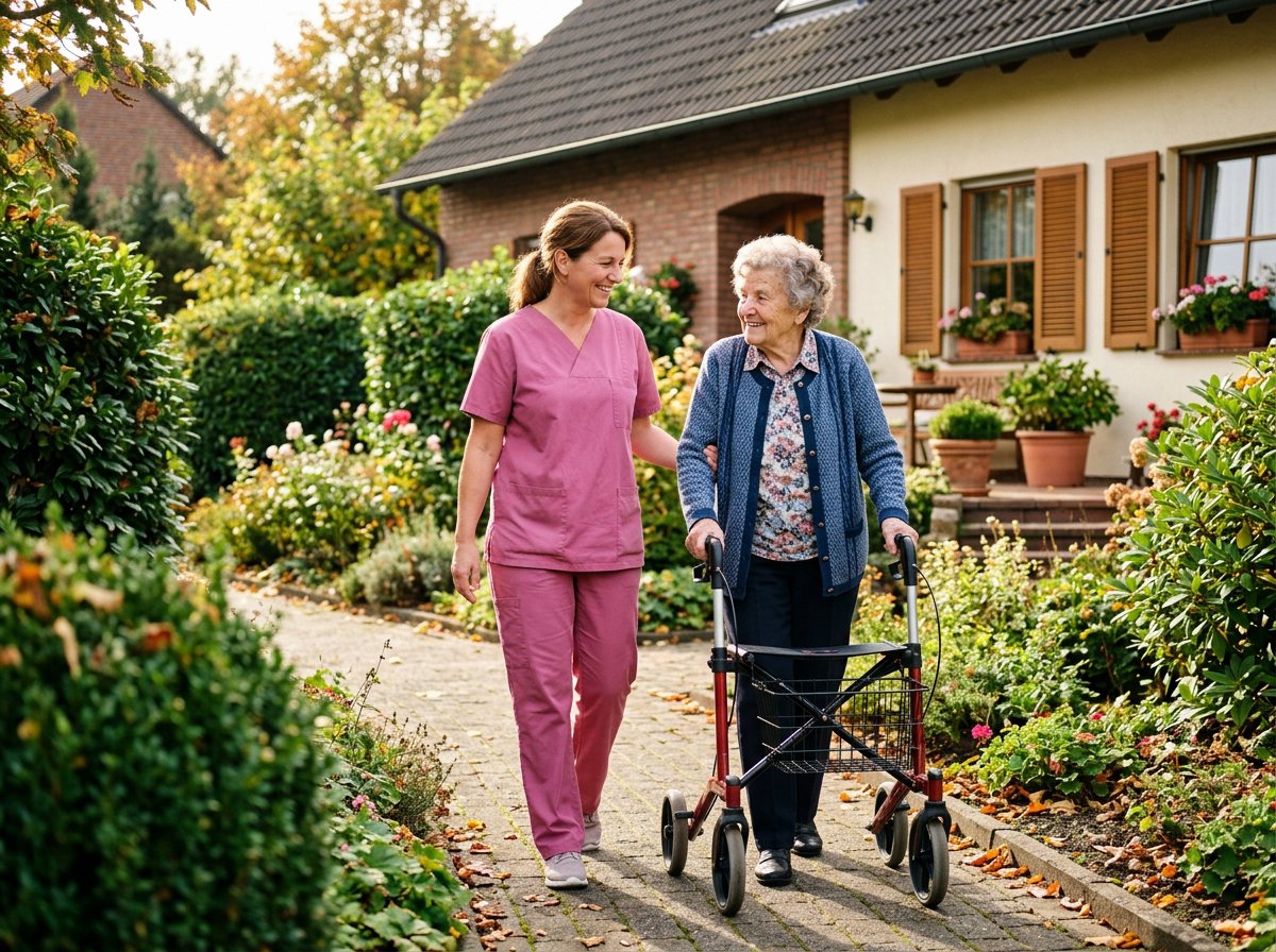 Pflegekraft begleitet eine Seniorin mit Rollator im Garten