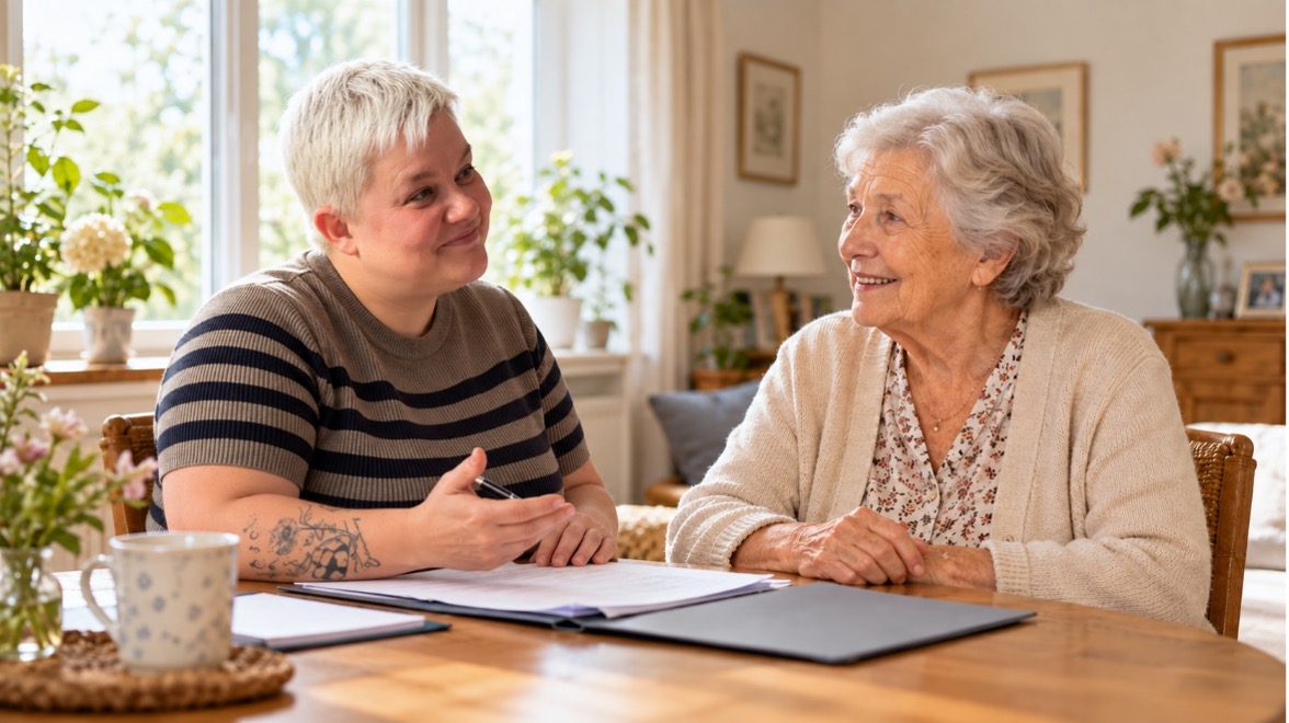 Pflegefachkraft berät eine Seniorin am Esstisch zum Pflegegrad