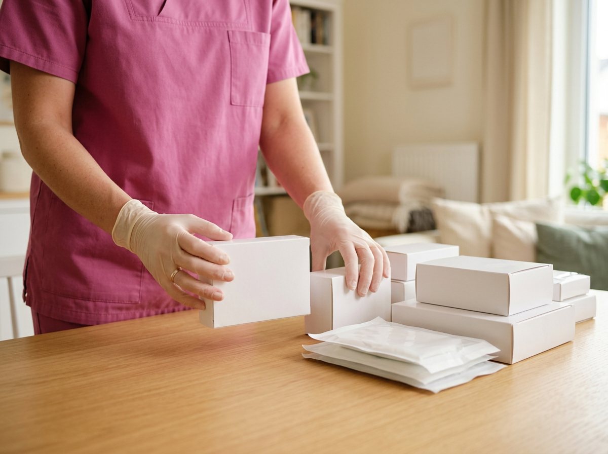 Pflegekraft ordnet verpackte Versorgungsmaterialien